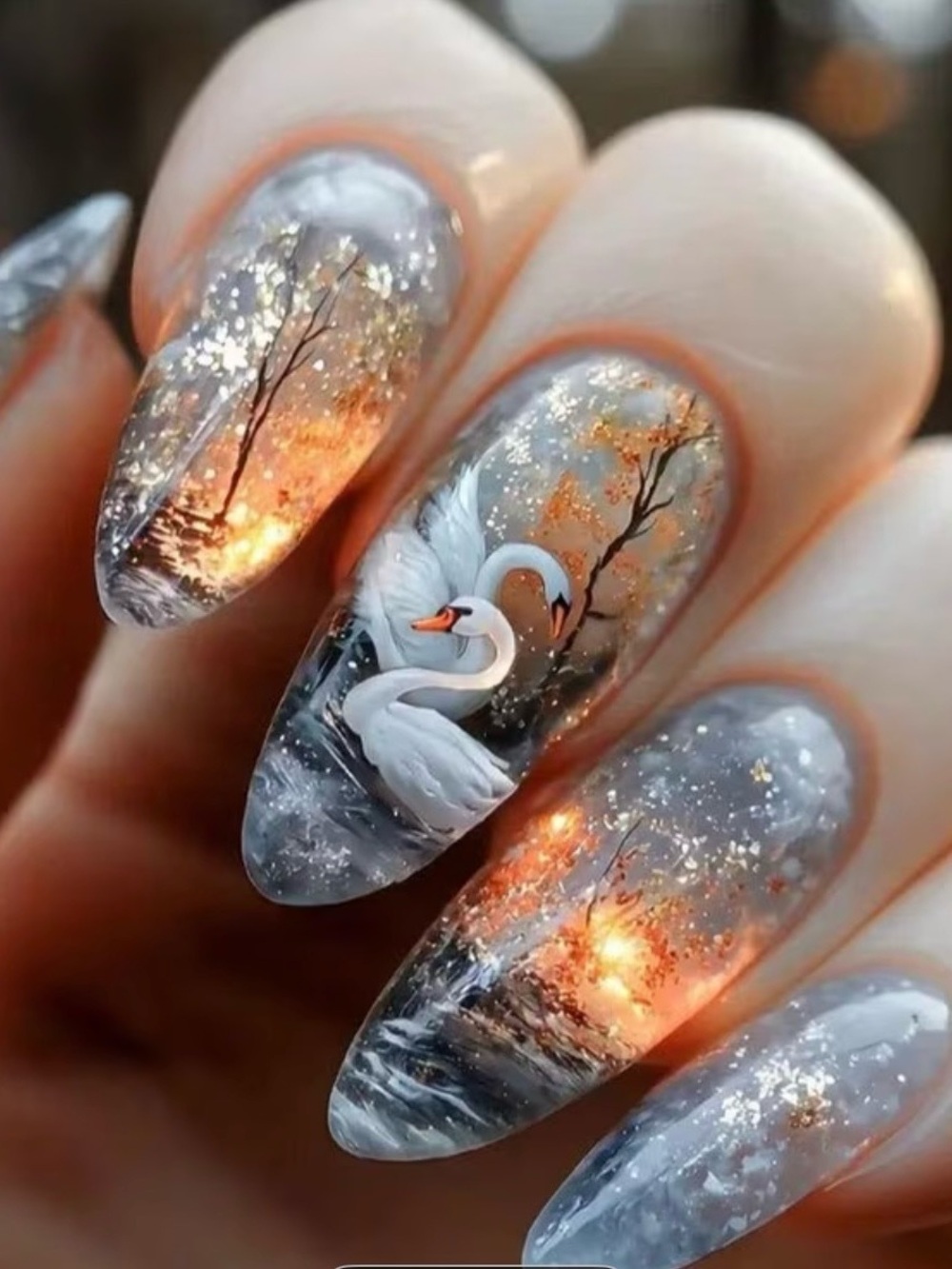 Hand-Painted Swan Winter Nail Art - Gray & Gold Accent 24 Pc